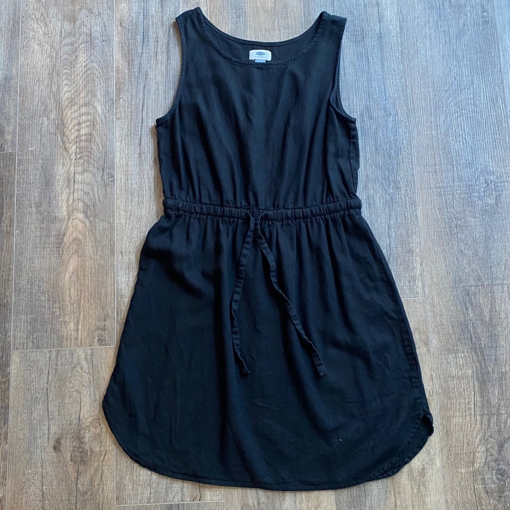 Old Navy Womens Medium Black Linen Blend Sleeveless Drawstring Waist Dress